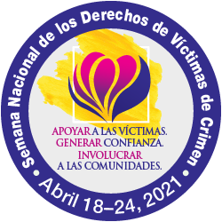 Round button in Spanish to promote the 2021 National Crime Victims' Rights Week