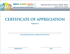 2022 National Crime Victims' Rights Week Certificate of Appreciation
