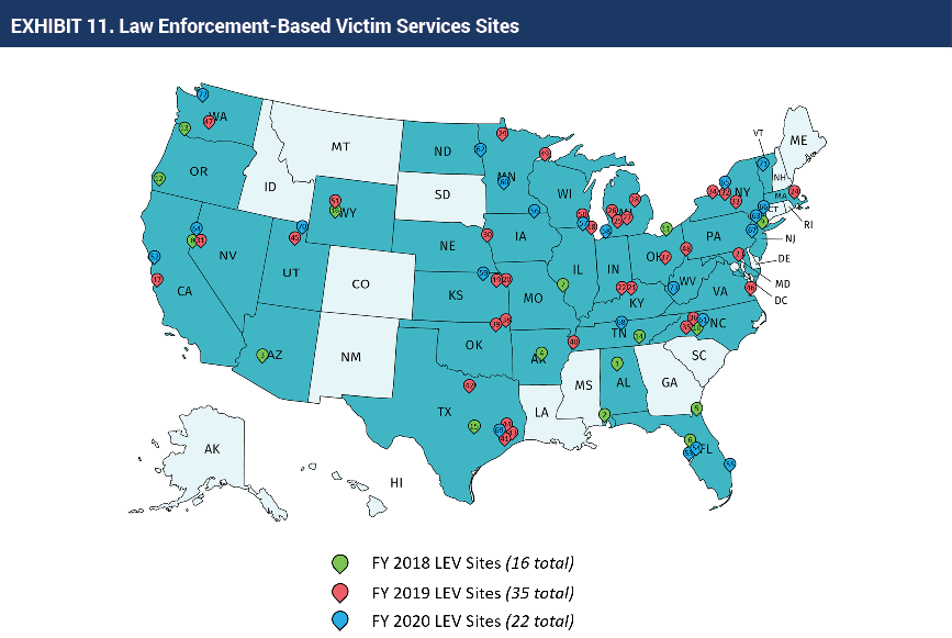 Map of Law Enforcement-Based Victim Services Sites, FYs 2018-2020