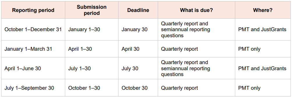 Chart showing deadlines for grantee performance measures reporting