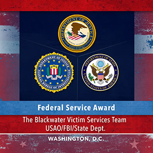 Seals of the Agencies representing the Blackwater Victim Services Team - U.S. Attorney Office: District of Columbia, Federal Bureau of Investigation, and U.S. Department of State