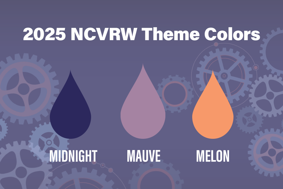 Teardrop images of midnight, mauve, and melon - the 2025 NCVRW Theme Colors. Background of various sized cogs.