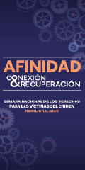 2025 Semana Nacional de los Derechos de las Víctimas del Crimen. Conexión < Afinidad > Recuperación. Fondo con engranajes de varios tamaños dispersos al azar.