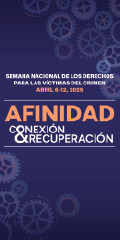 2025 Semana Nacional de los Derechos de las Víctimas del Crimen. Conexión < Afinidad > Recuperación. Fondo con engranajes de varios tamaños dispersos al azar.