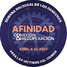 2025 Semana Nacional de los Derechos de las Víctimas del Crimen. Conexión < Afinidad > Recuperación. Fondo con engranajes de varios tamaños dispersos al azar.