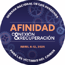 2025 Semana Nacional de los Derechos de las Víctimas del Crimen. Conexión < Afinidad > Recuperación. Fondo con engranajes de varios tamaños dispersos al azar.
