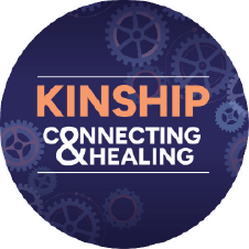 2025 National Crime Victims’ Rights Week Web Button 2 featuring this year's theme—Connecting < KINSHIP > Healing—and a background of various sized cogs. 