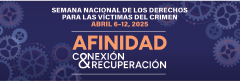 2025 Semana Nacional de los Derechos de las Víctimas del Crimen. Conexión < Afinidad > Recuperación. Fondo con engranajes de varios tamaños dispersos al azar.