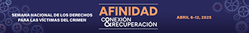 2025 Semana Nacional de los Derechos de las Víctimas del Crimen. Conexión < Afinidad > Recuperación. Fondo con engranajes de varios tamaños dispersos al azar.