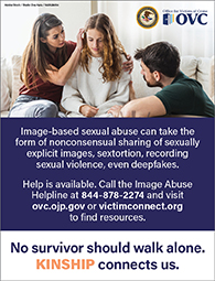 2025 National Crime Victims' Rights Week Awareness Poster on image-based sexual abuse showing two adults comforting a teenager.