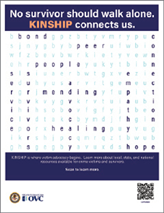 A word search featuring the following words: bond, peer, people, service, survivors, advocacy, mending, healing, empathy, hope, and connection. File links to a referral flier for victim services ovc.ojp.gov/ncvrw2025/ncvrw-artwork/theme-artwork/referral-flier.pdf.