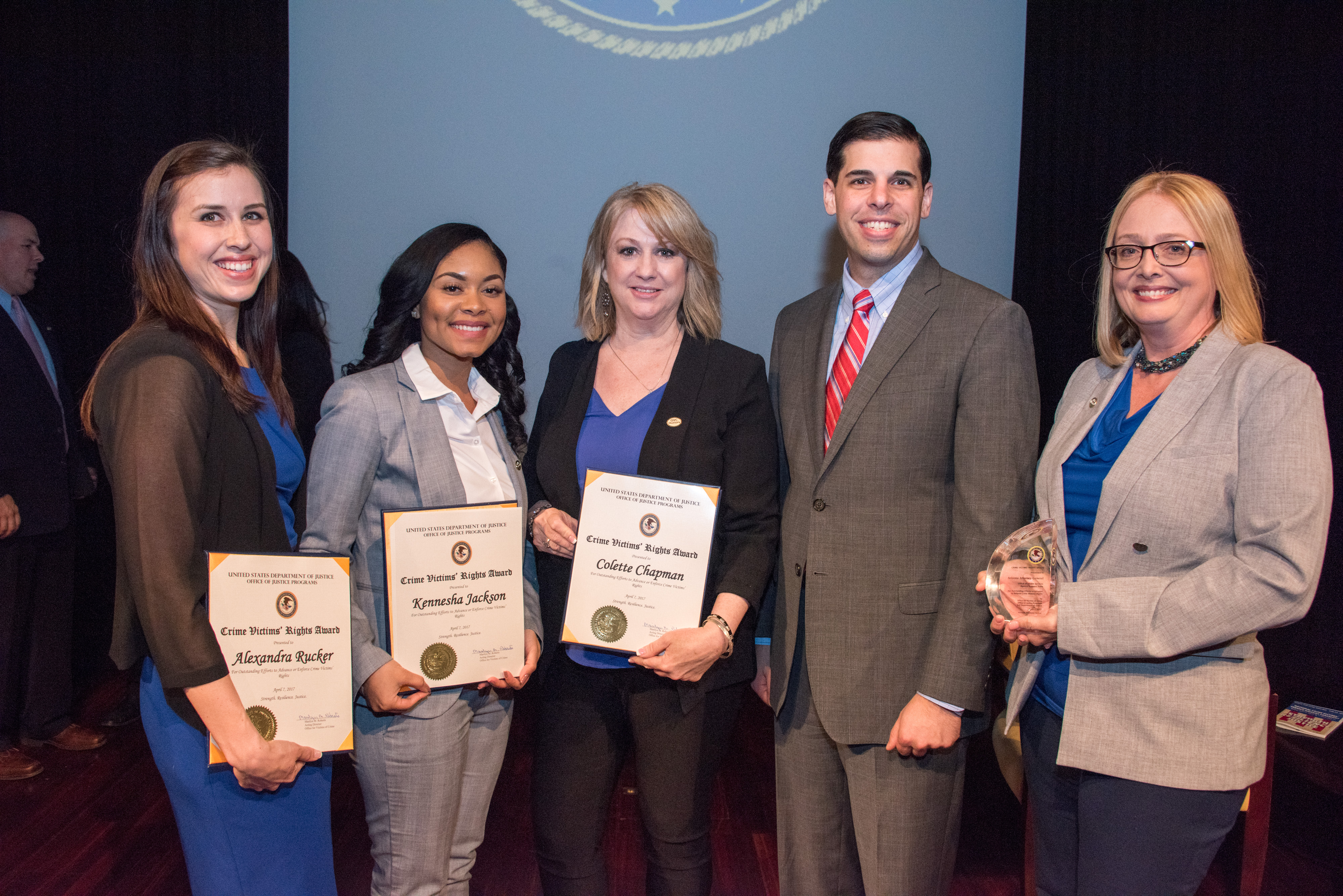 Arizona Attorney General Office of Victim Services Agency Support Team received the Crime Victims’ Rights Award. Pictured from left: Alexandra Rucker, Kennesha Jackson, Colette Chapman, Acting Associate Attorney General Jesse Panuccio, and Kirstin Flores.