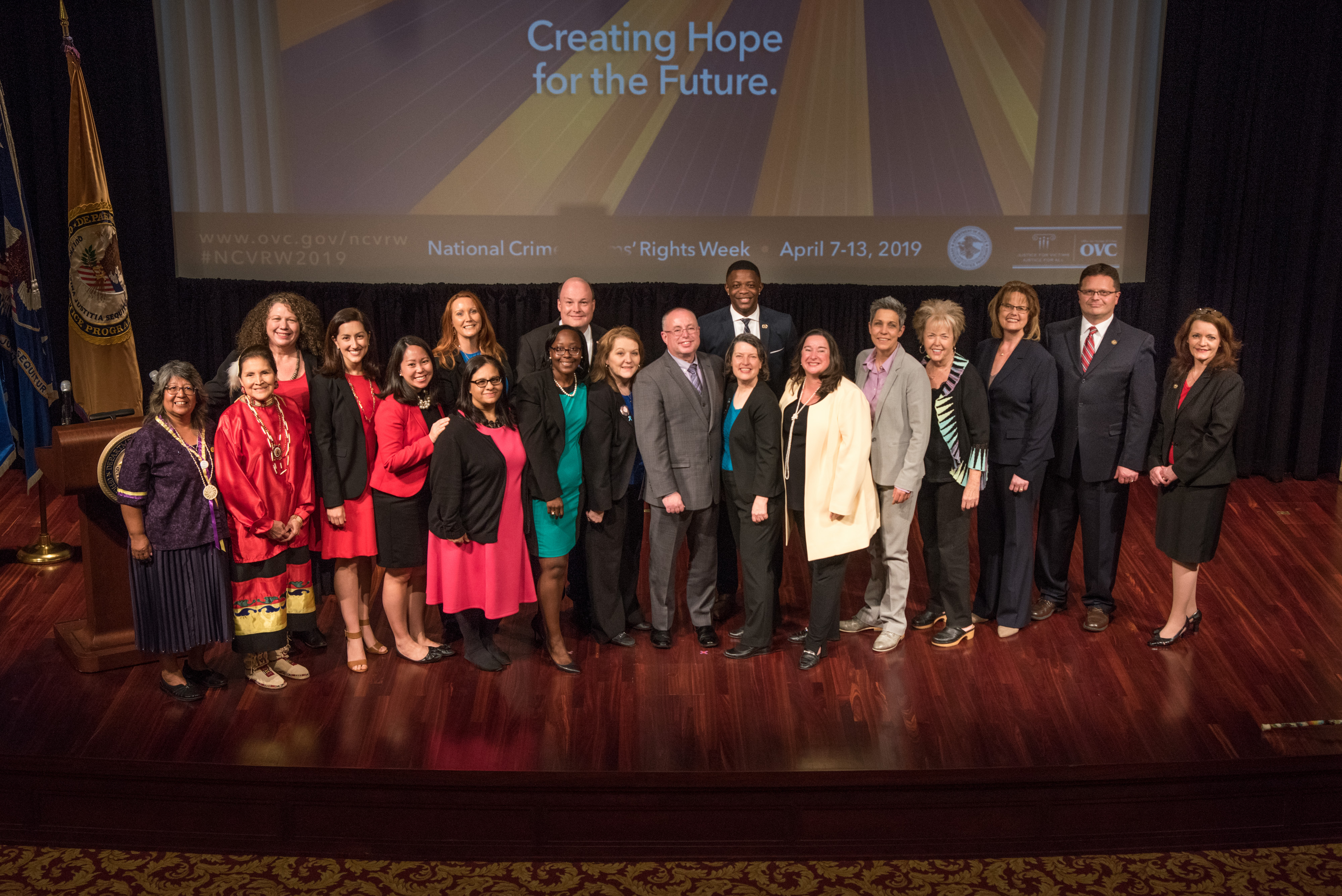 The 2019 National Crime Victims' Service Awards recipients with OVC Director Darlene Hutchinson and Principal Deputy Assistant Attorney General for the Office of Justice Programs Matt M. Dummermuth.