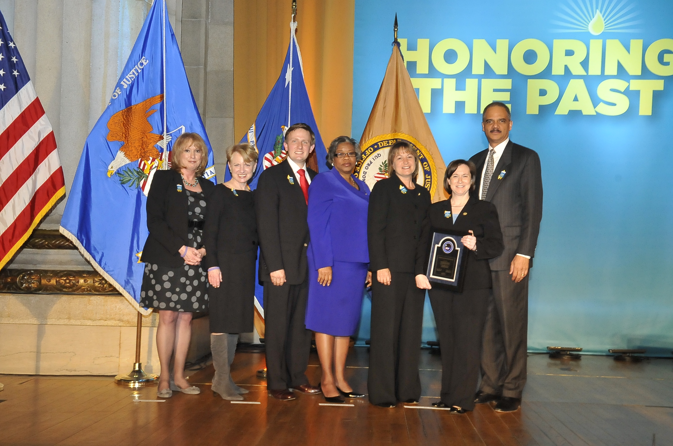 Accepting the 2011 Crime Victims Fund Award for the Financial Litigation Unit of the U.S. Attorney’s Office for the Eastern District of Texas are Assistant U.S. Attorney Robert Austin Wells, Rosie Trimble, Rebecca Smith, and Kathy Nash with (from left) Joye E. Frost, Acting Director, Office for Victims of Crime; Assistant Attorney General Laurie O. Robinson, Office of Justice Programs; and U.S. Attorney General Eric H. Holder, Jr.