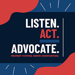 2026 National Crime Victims’ Rights Week button featuring this year’s theme artwork in contrasting colors—inkwell blue, poppy, and harbor blue. Text reads: “LISTEN. ACT. ADVOCATE. Protect victims, serve communities.”