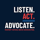 2026 National Crime Victims’ Rights Week Facebook Button featuring this year’s theme artwork in contrasting colors—inkwell blue, poppy, and harbor blue. Text reads: “LISTEN. ACT. ADVOCATE. Protect victims, serve communities.”