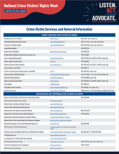 2026 National Crime Victims’ Rights Week referral flier featuring contact information and websites of national helplines and online resources for victims of crime.