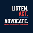 2026 National Crime Victims’ Rights Week X Button featuring this year’s theme artwork in contrasting colors—inkwell blue, poppy, and harbor blue. Text reads: “LISTEN. ACT. ADVOCATE. Protect victims, serve communities.”
