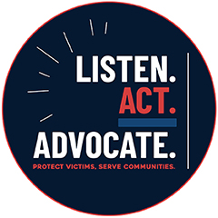 2026 National Crime Victims’ Rights Week web button featuring this year’s theme artwork in contrasting colors—inkwell blue, poppy, and harbor blue. Text reads: “LISTEN. ACT. ADVOCATE. Protect victims, serve communities.”
