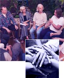 Photo of a victim support group seated in a circle and a photo of the hands of several people placed on top of each other in a show of support.