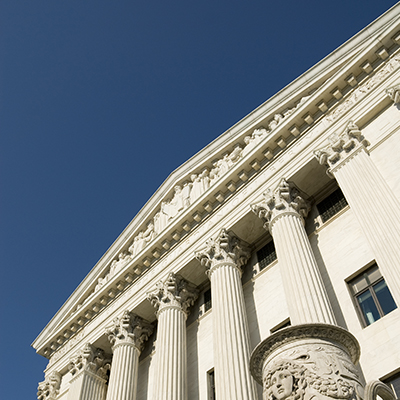 view of eastern pediment of U.S. Supreme Court building observed from ground level