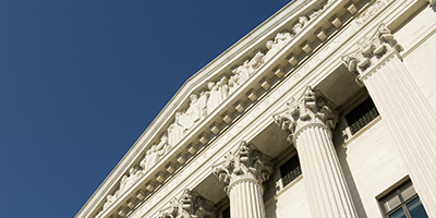 view of eastern pediment of U.S. Supreme Court building observed from ground level