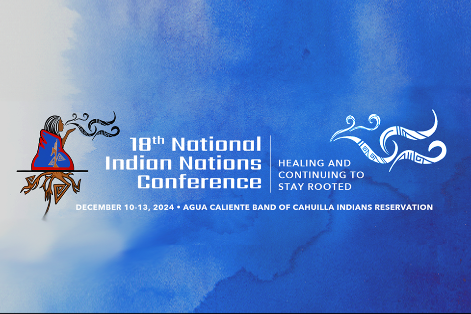 Woman with roots in the earth exhaling. Text on image reads "18th National Indian Nations Conference"