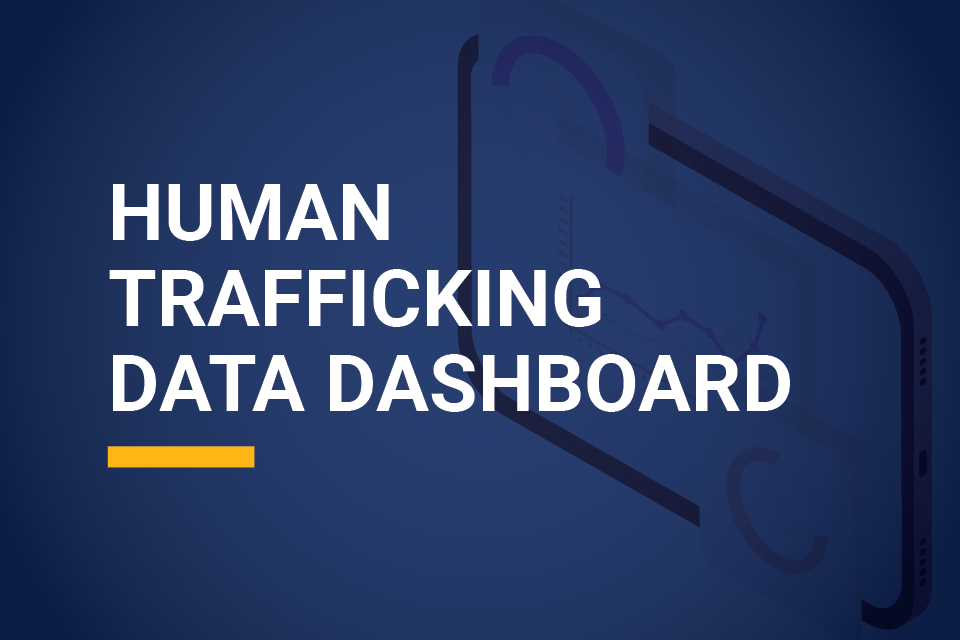 Computer monitor displaying a graph. Text on the image reads "Human Trafficking Data Dashboard".