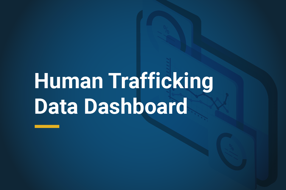 Computer monitor displaying a graph. Text on the image reads "Human Trafficking Data Dashboard".