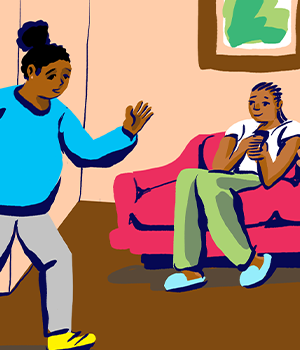 child waiving to a person sitting on a couch