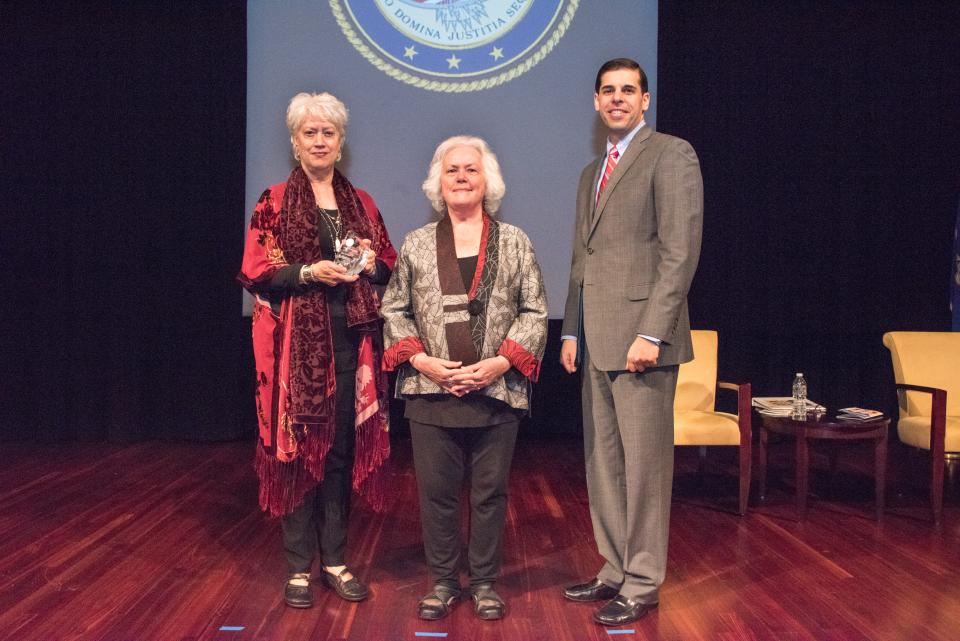 2017 Volunteer for Victims Award recipient Linda D. Axley with (from left) Acting OVC Director Marilyn McCoy Roberts and Acting Associate Attorney General Jesse Panuccio.