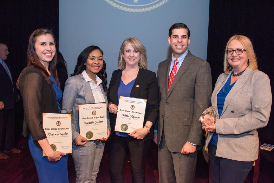 Arizona Attorney General Office of Victim Services Agency Support Team received the Crime Victims’ Rights Award. Pictured from left: Alexandra Rucker, Kennesha Jackson, Colette Chapman, Acting Associate Attorney General Jesse Panuccio, and Kirstin Flores.
