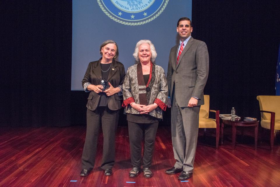 2017 Ronald Wilson Reagan Public Policy Award recipient Diane Moyer, Esq. with (from left) Acting OVC Director Marilyn McCoy Roberts and Acting Associate Attorney General Jesse Panuccio.