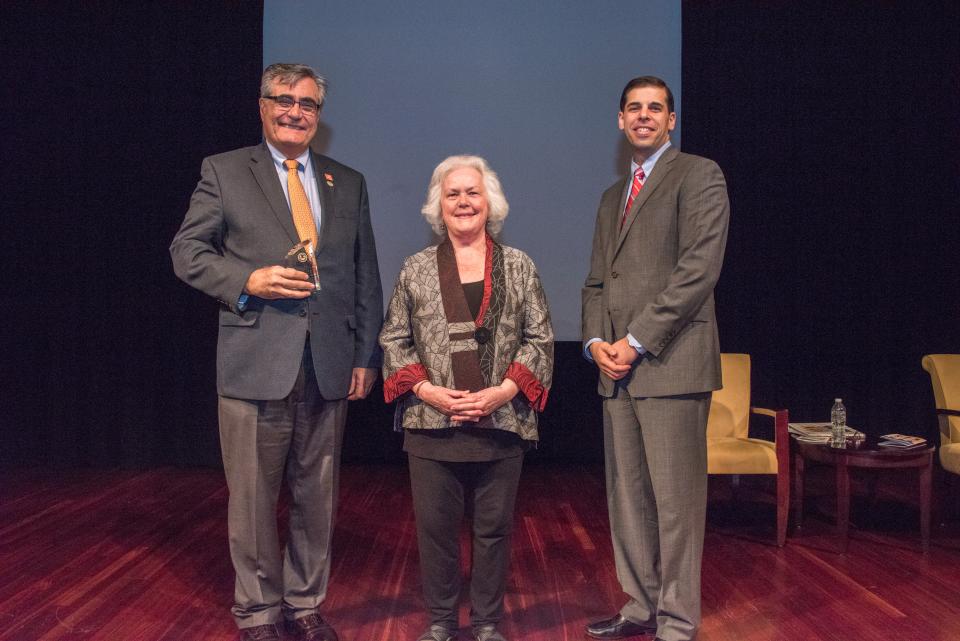 2017 Volunteer for Victims Award recipient Luis Romero with (from left) Acting OVC Director Marilyn McCoy Roberts and Acting Associate Attorney General Jesse Panuccio.