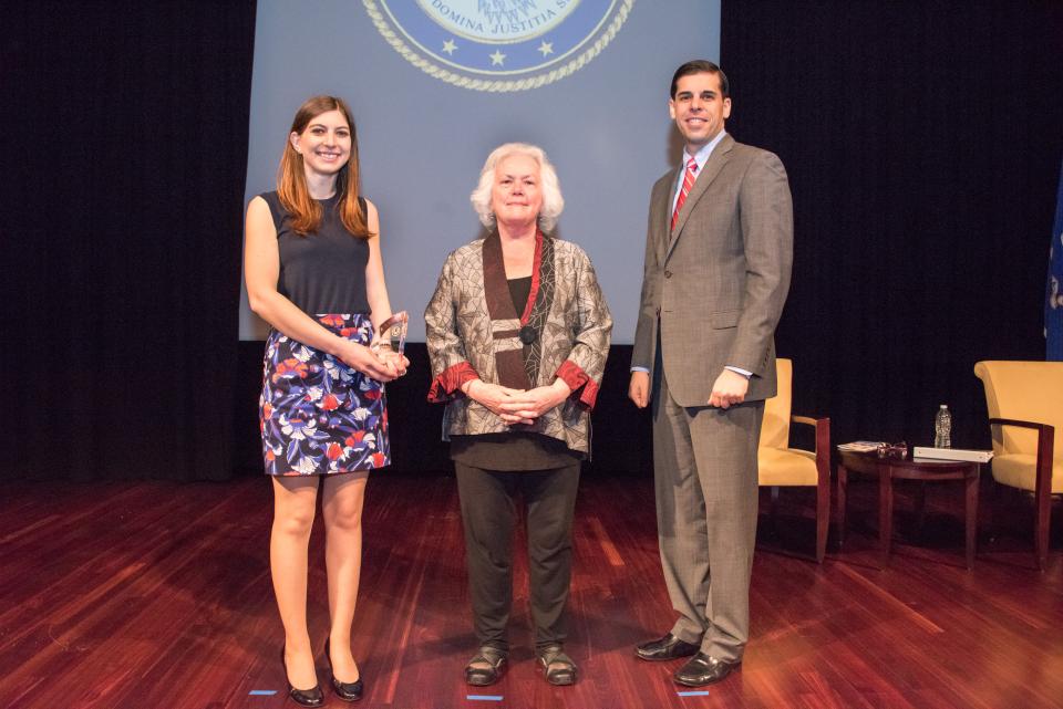 2017 Tomorrow’s Leaders Award recipient Maya Weinstein with (from left) Acting OVC Director Marilyn McCoy Roberts and Acting Associate Attorney General Jesse Panuccio.