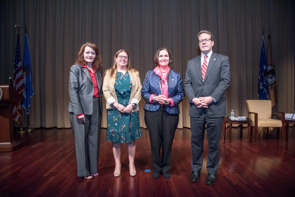 The Money Laundering and Asset Recovery Section, Criminal Division, U.S. Department of Justice, receives the 2018 Crime Victims Financial Restoration Award. Pictured from left: OVC Director Darlene Hutchinson, Jennifer Bickford, Alice Dery, and Principal Deputy Assistant Attorney General for the Office of Justice Programs Alan Hanson.