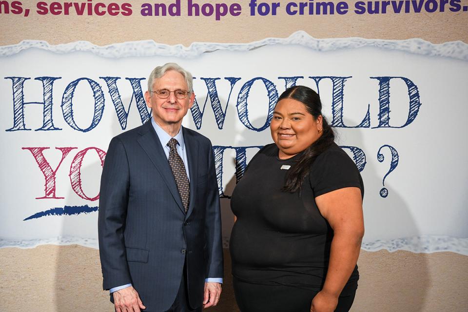 Jocelyn Mejia with Attorney General Merrick B. Garland at the 2024 National Crime Victims' Rights Week Candlelight Vigil.