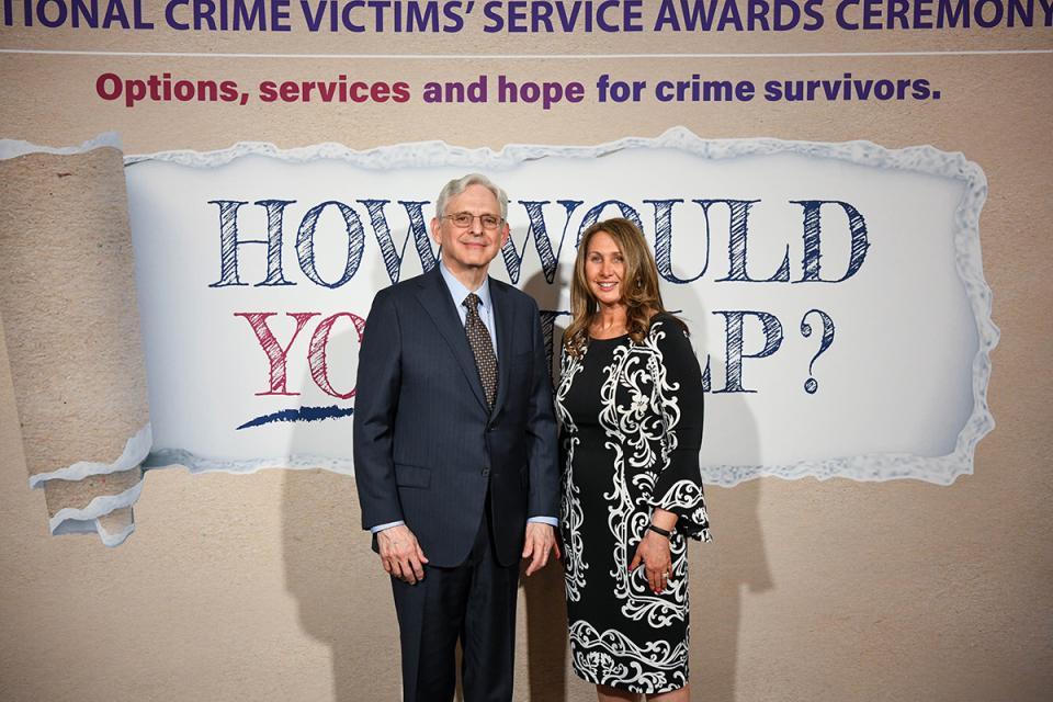 Michelle S. Ballan, Ph.D., MSW with Attorney General Merrick B. Garland at the 2024 National Crime Victims' Rights Week Candlelight Vigil.