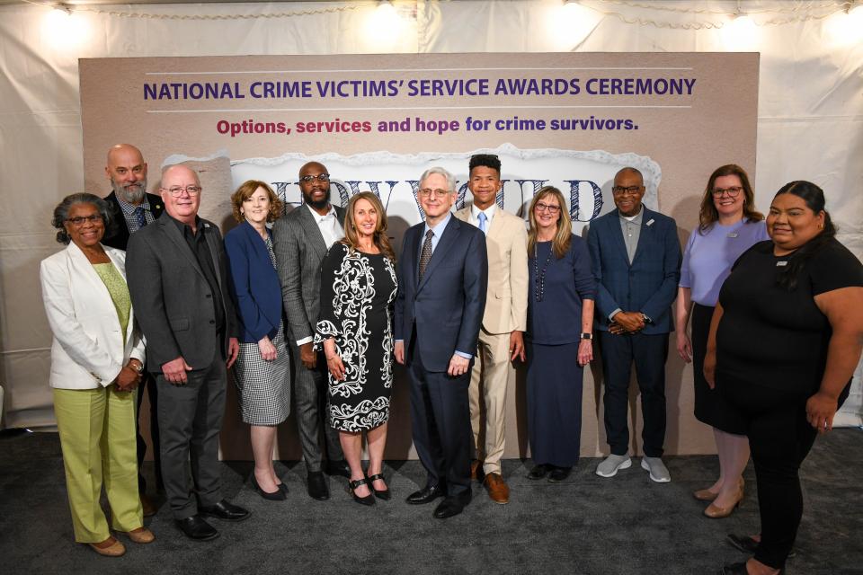 The 2024 National Crime Victims' Service Awards Recipients with Attorney General Merrick B. Garland; Anthony Edwards, actor, producer, director, and Zero Abuse Project board of directors member; and Brenda Glass, founder and executive director of the Brenda Glass Multipurpose Trauma Center.