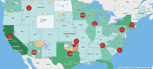 Map showing locations of recipients of Housing for Domestic Violence Survivors and Their Companion Animals grant program awards.