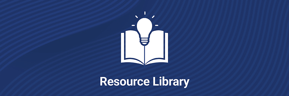 An open book with a lightbulb over it. Text on image reads "Resource Library".
