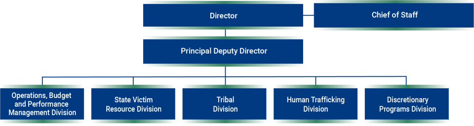 OVC organization chart showing leadership roles and five divisions